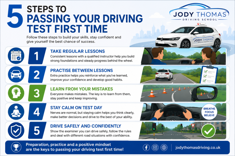 Infographic showing five steps to passing your driving test first time, including regular lessons, private practice, learning from mistakes, staying calm and driving confidently.
