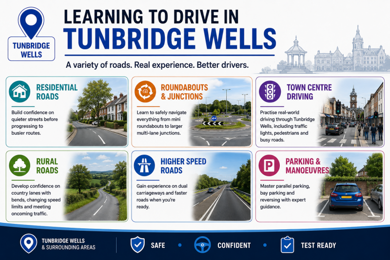 Infographic showing the different road types and driving environments learners experience during driving lessons in Tunbridge Wells.