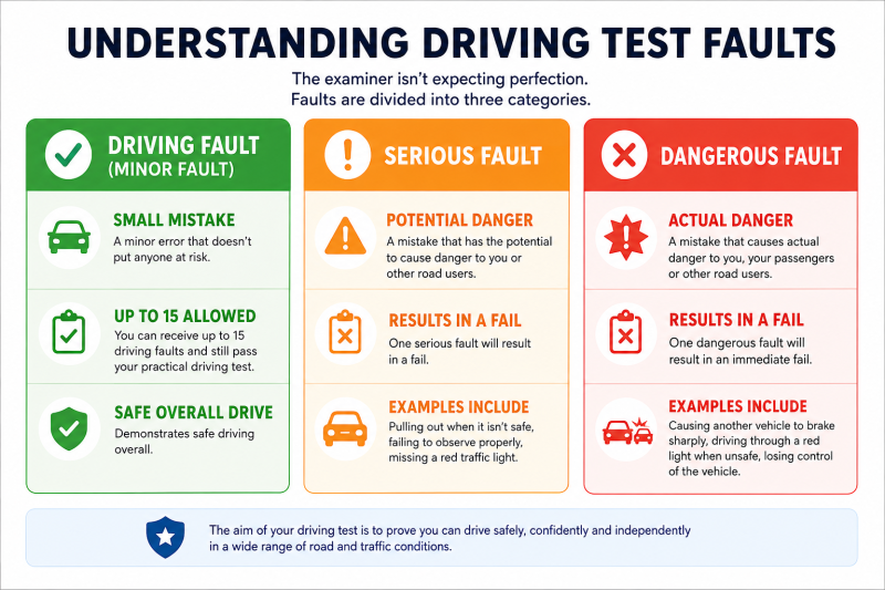 Infographic explaining the difference between driving faults, serious faults and dangerous faults in the UK practical driving test.